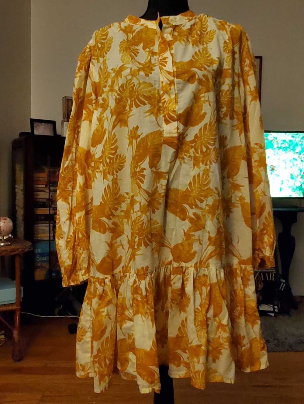 XL Women's Floral Tiered Long-Sleeve Dress - Yellow Cream